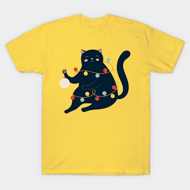 Black Christmas Lights Cat T-Shirt by TomCage